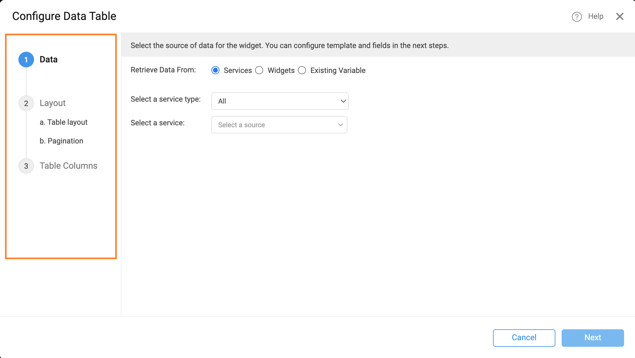 Data Table Configure Dialog Header