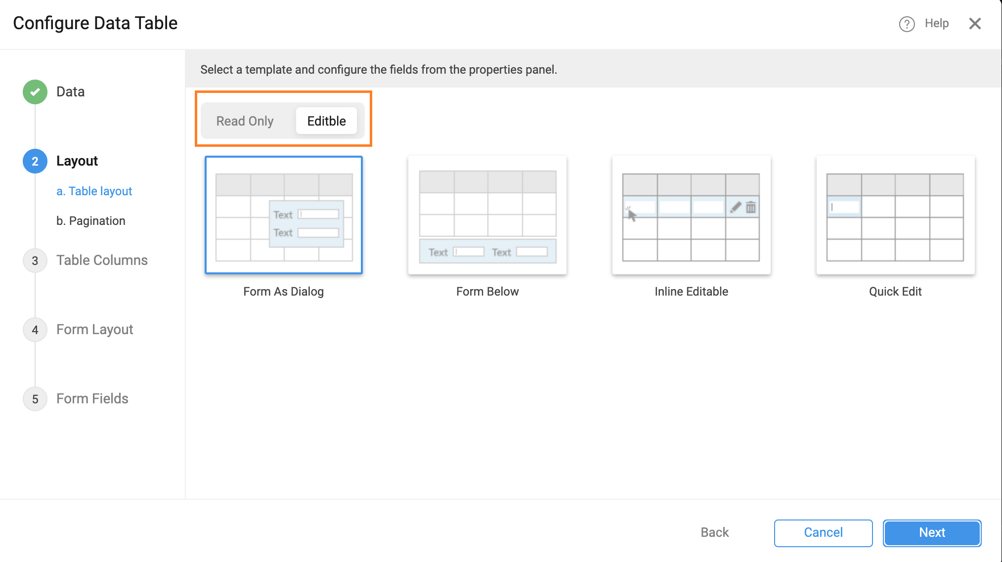 Data Table Configure Dialog Button