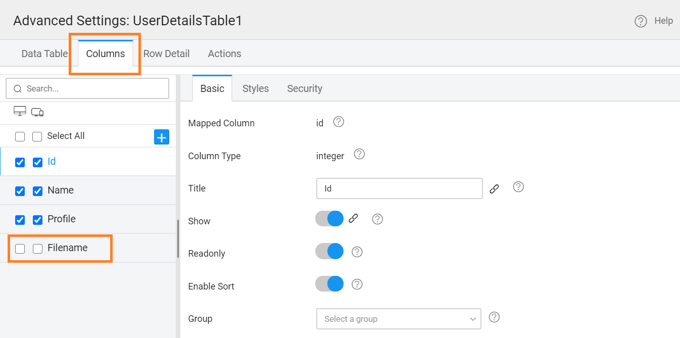 hide data table column